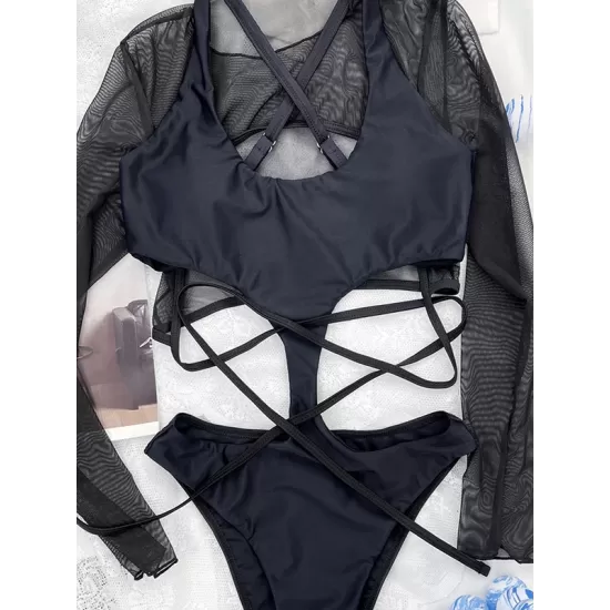 Padded Belly-Hollow Mesh Cover-Ups & One-Piece Swimwear Two Pieces Set Padded Belly-Hollow Mesh Cover-Ups & One-Piece Swimwear Two Pieces Set