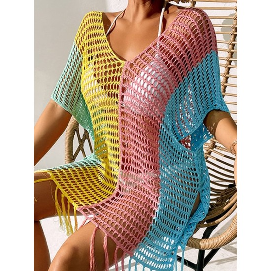 Colorful V-Neck Tassles Mini Cover-Ups Dress Colorful V-Neck Tassles Mini Cover-Ups Dress