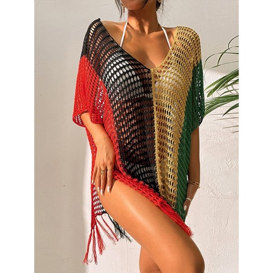 Colorful V-Neck Tassles Mini Cover-Ups Dress Colorful V-Neck Tassles Mini Cover-Ups Dress