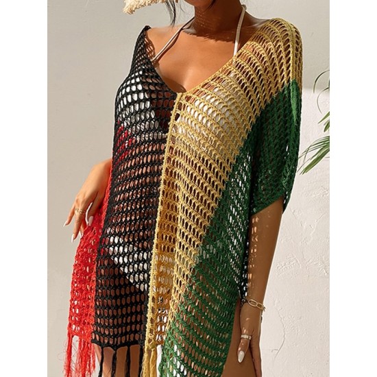 Colorful V-Neck Tassles Mini Cover-Ups Dress Colorful V-Neck Tassles Mini Cover-Ups Dress