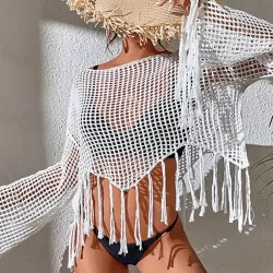 Hollow Tassels Long Sleeves Cover-Ups Swimsuit