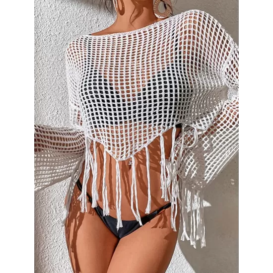 Hollow Tassels Long Sleeves Cover-Ups Swimsuit Hollow Tassels Long Sleeves Cover-Ups Swimsuit