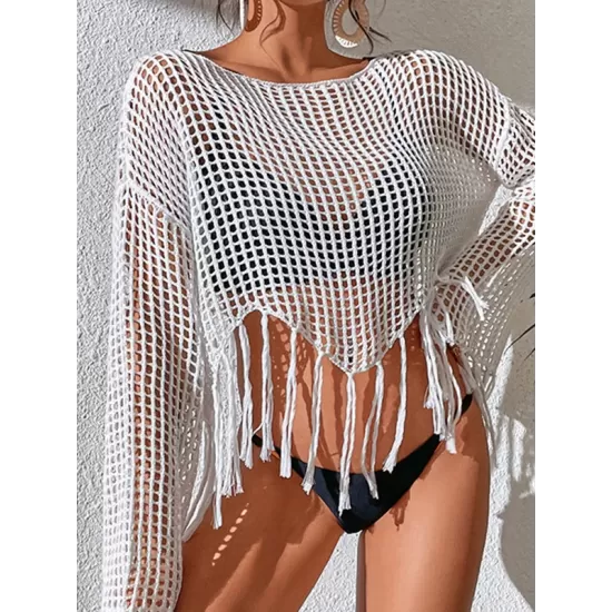 Hollow Tassels Long Sleeves Cover-Ups Swimsuit Hollow Tassels Long Sleeves Cover-Ups Swimsuit