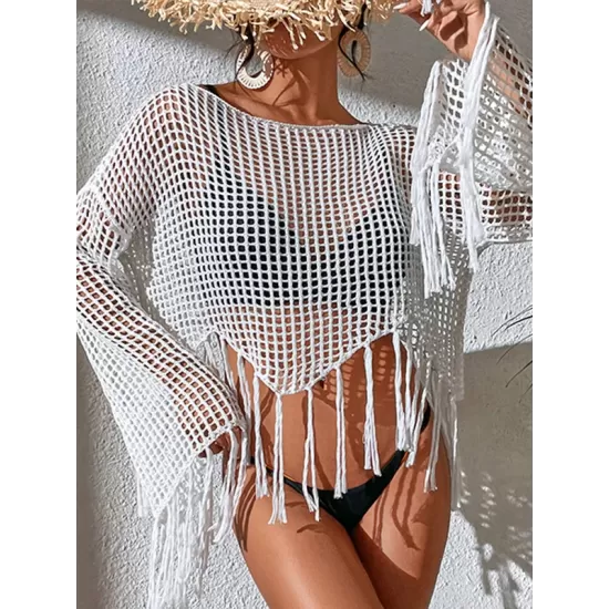 Hollow Tassels Long Sleeves Cover-Ups Swimsuit Hollow Tassels Long Sleeves Cover-Ups Swimsuit