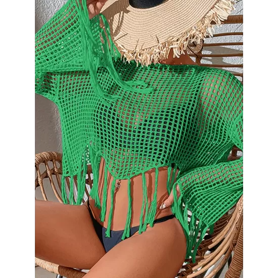 Hollow Tassels Long Sleeves Cover-Ups Swimsuit Hollow Tassels Long Sleeves Cover-Ups Swimsuit