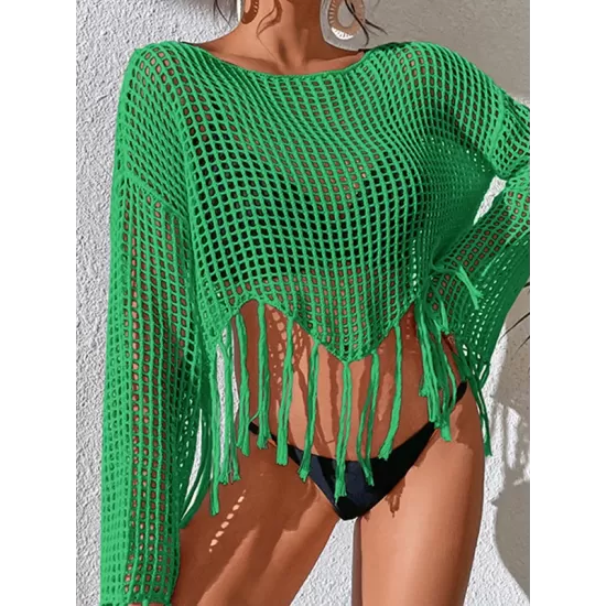 Hollow Tassels Long Sleeves Cover-Ups Swimsuit Hollow Tassels Long Sleeves Cover-Ups Swimsuit