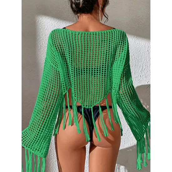 Hollow Tassels Long Sleeves Cover-Ups Swimsuit Hollow Tassels Long Sleeves Cover-Ups Swimsuit