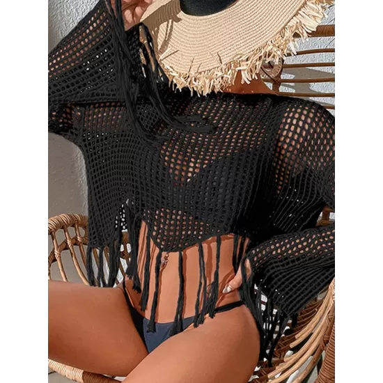 Hollow Tassels Long Sleeves Cover-Ups Swimsuit Hollow Tassels Long Sleeves Cover-Ups Swimsuit