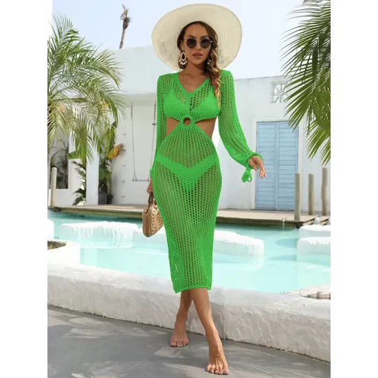 V-Neck Hollow Midi Length Cover-Ups Beach Dress V-Neck Hollow Midi Length Cover-Ups Beach Dress