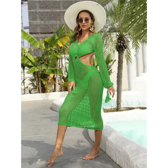 V-Neck Hollow Midi Length Cover-Ups Beach Dress V-Neck Hollow Midi Length Cover-Ups Beach Dress