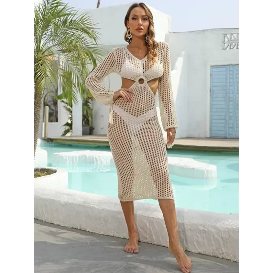 V-Neck Hollow Midi Length Cover-Ups Beach Dress V-Neck Hollow Midi Length Cover-Ups Beach Dress