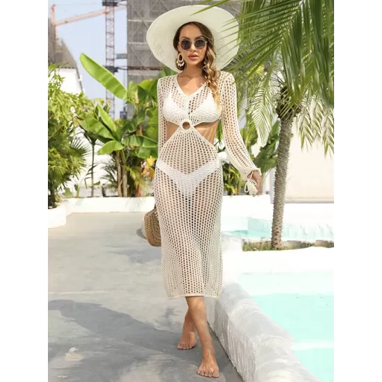 V-Neck Hollow Midi Length Cover-Ups Beach Dress V-Neck Hollow Midi Length Cover-Ups Beach Dress