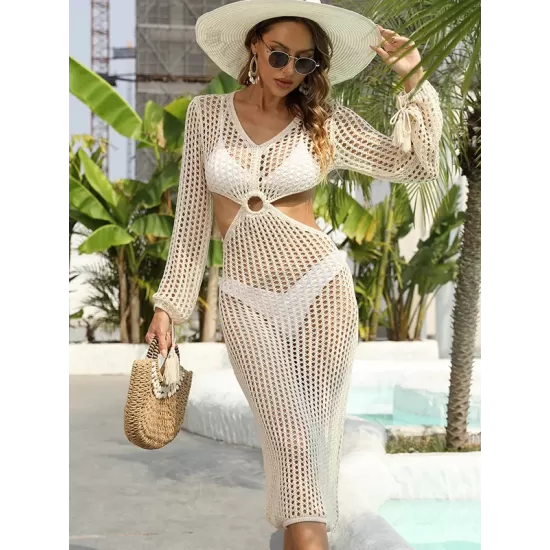 V-Neck Hollow Midi Length Cover-Ups Beach Dress V-Neck Hollow Midi Length Cover-Ups Beach Dress