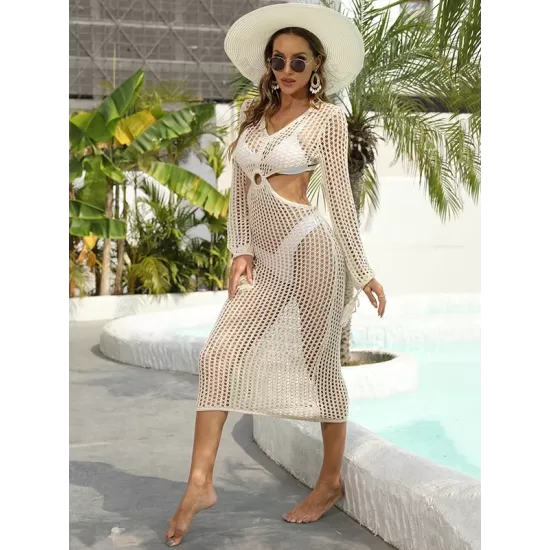 V-Neck Hollow Midi Length Cover-Ups Beach Dress V-Neck Hollow Midi Length Cover-Ups Beach Dress