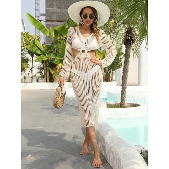 V-Neck Hollow Midi Length Cover-Ups Beach Dress V-Neck Hollow Midi Length Cover-Ups Beach Dress