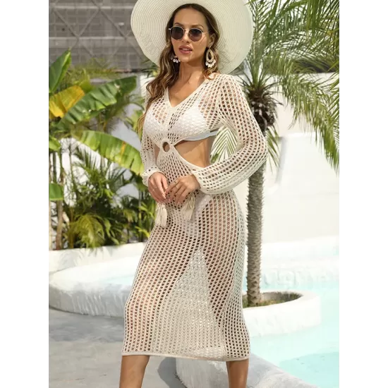 V-Neck Hollow Midi Length Cover-Ups Beach Dress V-Neck Hollow Midi Length Cover-Ups Beach Dress