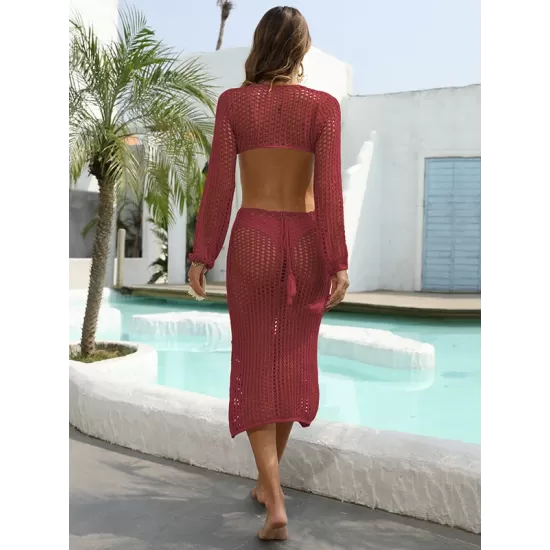 V-Neck Hollow Midi Length Cover-Ups Beach Dress V-Neck Hollow Midi Length Cover-Ups Beach Dress