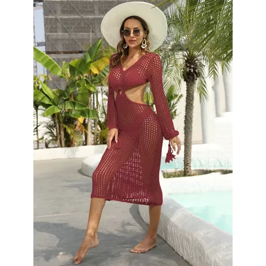 V-Neck Hollow Midi Length Cover-Ups Beach Dress V-Neck Hollow Midi Length Cover-Ups Beach Dress
