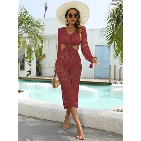V-Neck Hollow Midi Length Cover-Ups Beach Dress V-Neck Hollow Midi Length Cover-Ups Beach Dress