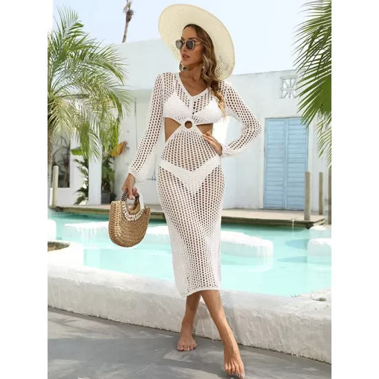 V-Neck Hollow Midi Length Cover-Ups Beach Dress V-Neck Hollow Midi Length Cover-Ups Beach Dress