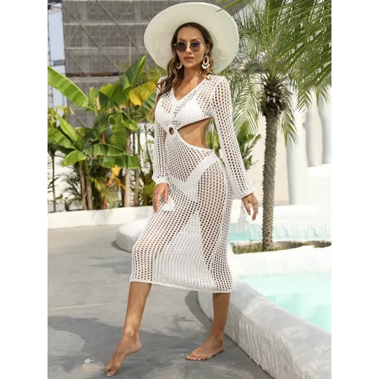 V-Neck Hollow Midi Length Cover-Ups Beach Dress V-Neck Hollow Midi Length Cover-Ups Beach Dress