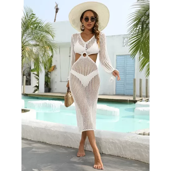 V-Neck Hollow Midi Length Cover-Ups Beach Dress V-Neck Hollow Midi Length Cover-Ups Beach Dress