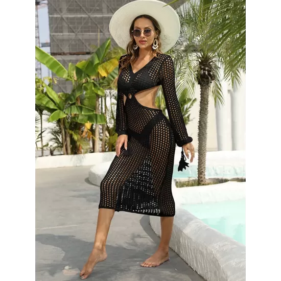 V-Neck Hollow Midi Length Cover-Ups Beach Dress V-Neck Hollow Midi Length Cover-Ups Beach Dress