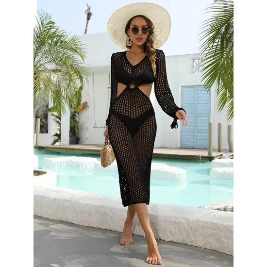 V-Neck Hollow Midi Length Cover-Ups Beach Dress V-Neck Hollow Midi Length Cover-Ups Beach Dress