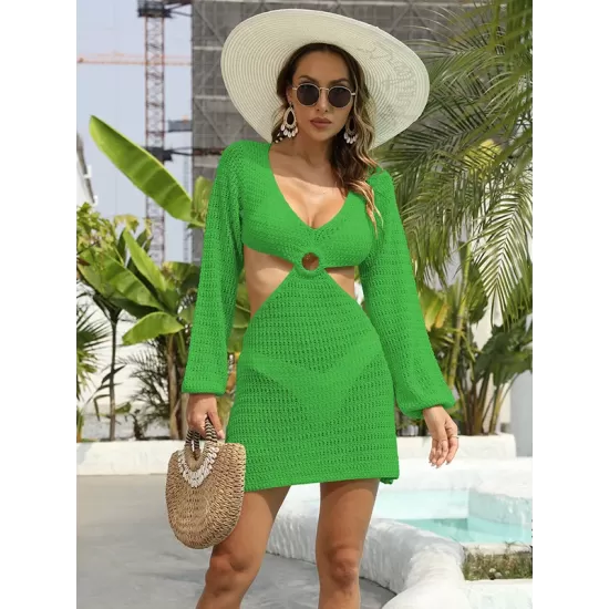 V-Neck Long Sleeves Hollow Mini Cover-Ups Beach Dress V-Neck Long Sleeves Hollow Mini Cover-Ups Beach Dress