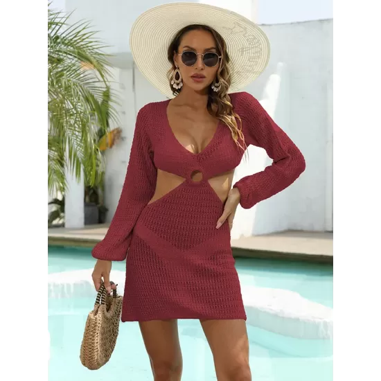 V-Neck Long Sleeves Hollow Mini Cover-Ups Beach Dress V-Neck Long Sleeves Hollow Mini Cover-Ups Beach Dress