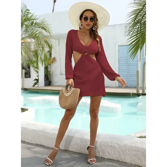 V-Neck Long Sleeves Hollow Mini Cover-Ups Beach Dress V-Neck Long Sleeves Hollow Mini Cover-Ups Beach Dress