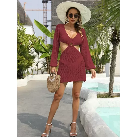 V-Neck Long Sleeves Hollow Mini Cover-Ups Beach Dress V-Neck Long Sleeves Hollow Mini Cover-Ups Beach Dress