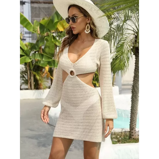 V-Neck Long Sleeves Hollow Mini Cover-Ups Beach Dress V-Neck Long Sleeves Hollow Mini Cover-Ups Beach Dress