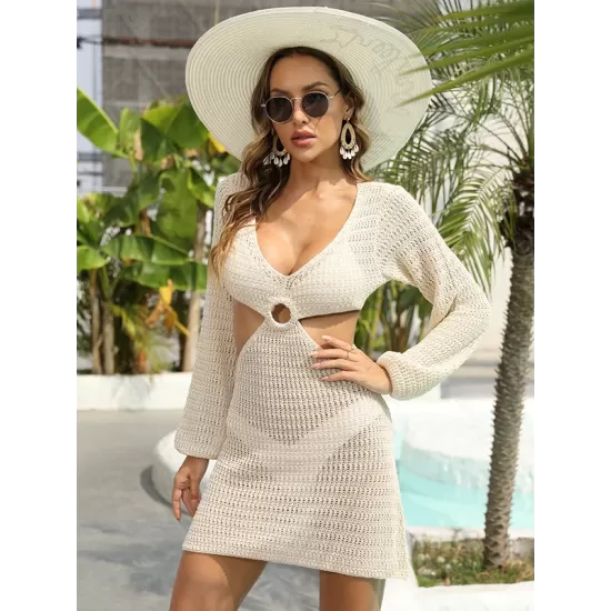 V-Neck Long Sleeves Hollow Mini Cover-Ups Beach Dress V-Neck Long Sleeves Hollow Mini Cover-Ups Beach Dress