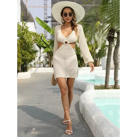 V-Neck Long Sleeves Hollow Mini Cover-Ups Beach Dress V-Neck Long Sleeves Hollow Mini Cover-Ups Beach Dress