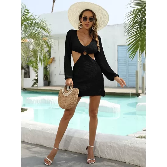 V-Neck Long Sleeves Hollow Mini Cover-Ups Beach Dress V-Neck Long Sleeves Hollow Mini Cover-Ups Beach Dress