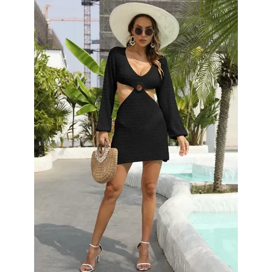 V-Neck Long Sleeves Hollow Mini Cover-Ups Beach Dress V-Neck Long Sleeves Hollow Mini Cover-Ups Beach Dress