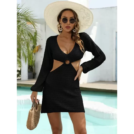 V-Neck Long Sleeves Hollow Mini Cover-Ups Beach Dress V-Neck Long Sleeves Hollow Mini Cover-Ups Beach Dress