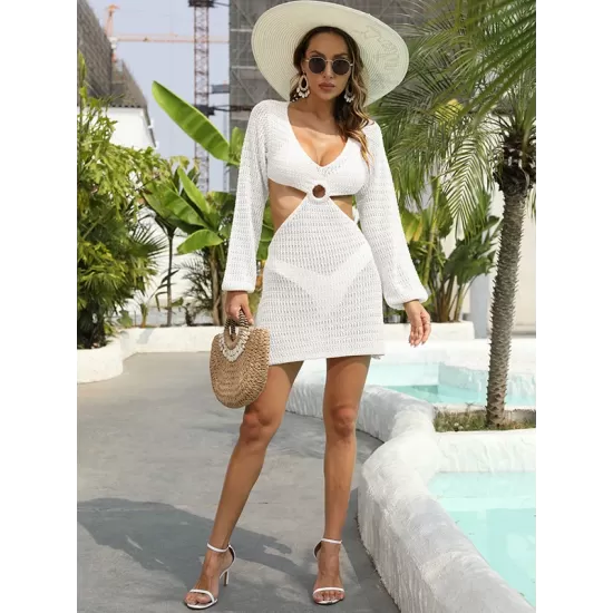 V-Neck Long Sleeves Hollow Mini Cover-Ups Beach Dress V-Neck Long Sleeves Hollow Mini Cover-Ups Beach Dress