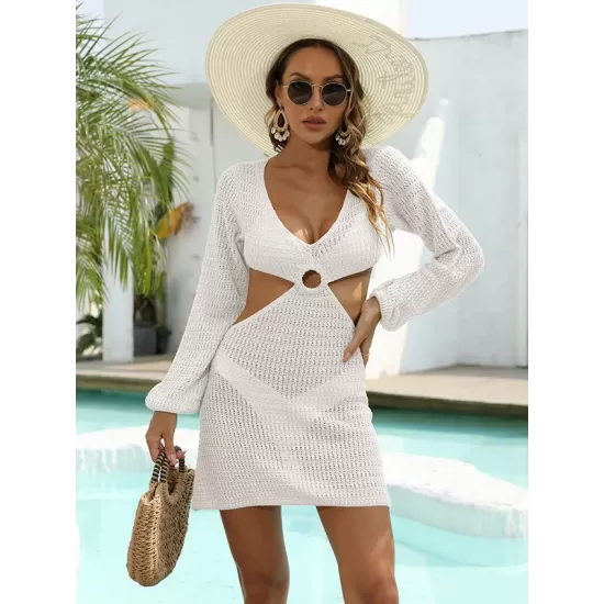 V-Neck Long Sleeves Hollow Mini Cover-Ups Beach Dress V-Neck Long Sleeves Hollow Mini Cover-Ups Beach Dress