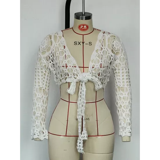 Lace Long Sleeves Hollow Bowknot Cover-Ups Lace Long Sleeves Hollow Bowknot Cover-Ups