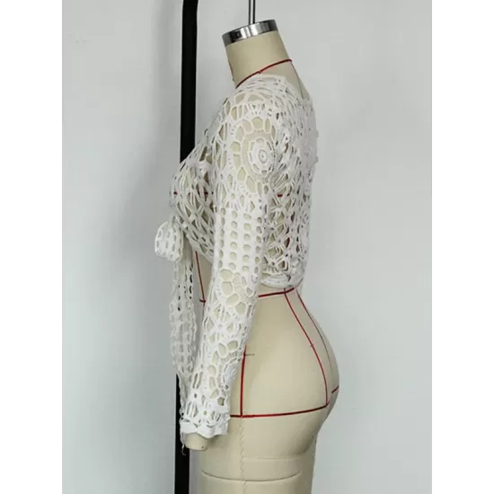 Lace Long Sleeves Hollow Bowknot Cover-Ups Lace Long Sleeves Hollow Bowknot Cover-Ups