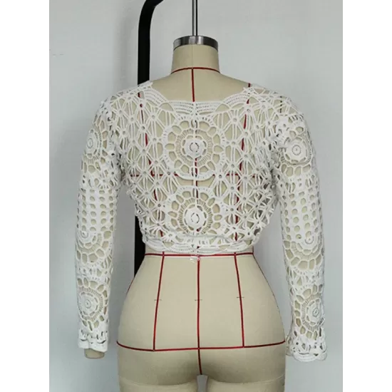 Lace Long Sleeves Hollow Bowknot Cover-Ups Lace Long Sleeves Hollow Bowknot Cover-Ups