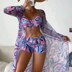 Halterneck Abstract Print Three Pieces Bikini Set