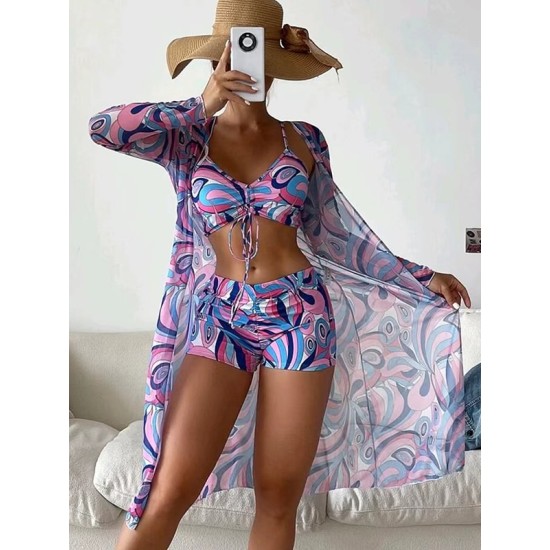 Halterneck Abstract Print Three Pieces Bikini Set Halterneck Abstract Print Three Pieces Bikini Set