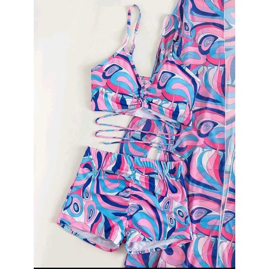Halterneck Abstract Print Three Pieces Bikini Set Halterneck Abstract Print Three Pieces Bikini Set