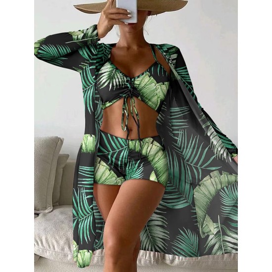 Halterneck Abstract Print Three Pieces Bikini Set Halterneck Abstract Print Three Pieces Bikini Set