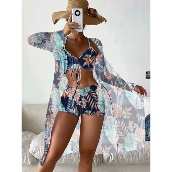Halterneck Abstract Print Three Pieces Bikini Set Halterneck Abstract Print Three Pieces Bikini Set
