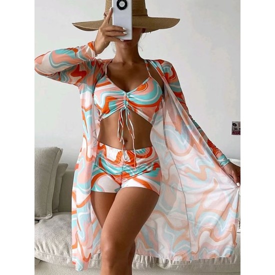 Halterneck Abstract Print Three Pieces Bikini Set Halterneck Abstract Print Three Pieces Bikini Set