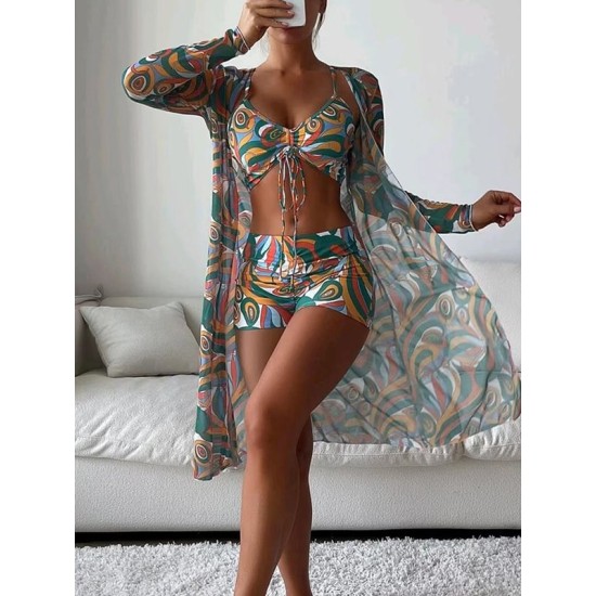 Halterneck Abstract Print Three Pieces Bikini Set Halterneck Abstract Print Three Pieces Bikini Set